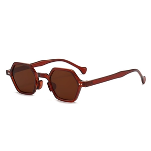 Retro hip-hop polygonal tea brown sunglasses with silver rivets on a white background