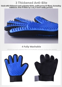 Detail of blue silicone pet grooming glove showing 180 massage nubs and mesh fabric back