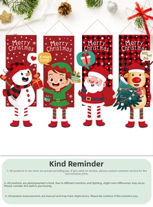 Set of 4 Christmas hanging banners featuring Santa, snowman, elf, and reindeer cartoons