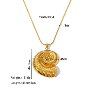 18K gold plated stainless steel necklace featuring a large ammonite conch shell pendant