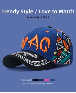 Detail of embroidered letters and ethnic patterns on a blue color-block baseball cap