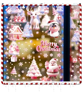 Detail of 3D pink Christmas window stickers featuring Santa, reindeer and snowflakes