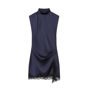 Robe Courte En Satin À Col Montant Sans Manches Avec Bordure En Dentelle Fronces Latérales Moulante Élégante Pour Femmes