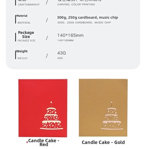 Detailed technical specifications of 3D musical birthday card with laser carved patterns