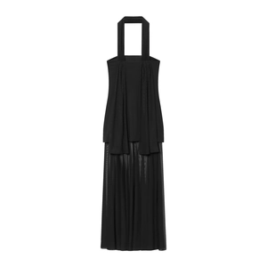Elegant black halter maxi dress featuring a sheer mesh patchwork hem in a floor-length style