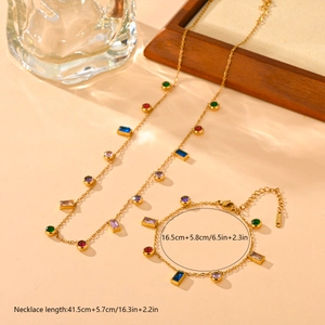 Titanium steel jewelry set with colorful zircons showing necklace and bracelet dimensions