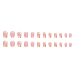 Short ballet nails in pink and nude with gold glitter wave patterns for a sweet girl style