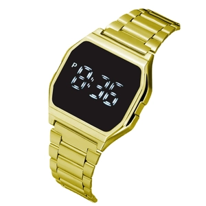Klassische goldene LED-Digitaluhr aus Edelstahl mit rechteckigem Zifferblatt und Metallarmband