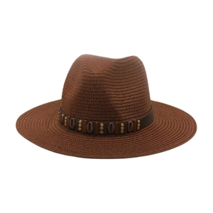 Chapeau de paille tissé marron foncé avec bande de coquillages pour plage et protection solaire