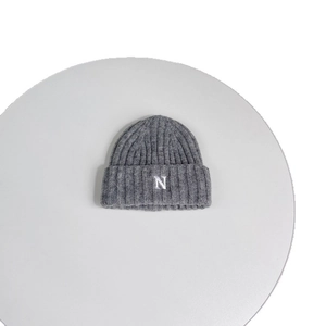 Winter grey kids knit beanie with letter N embroidery and warm double layer wool material