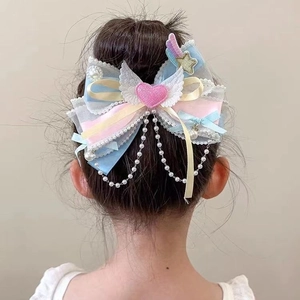 Kids colorful bow hair clip with lace wings, pink heart, and faux pearl chains for girls