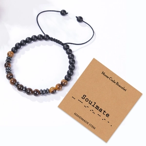 Soulmate Morse code bracelet with natural tiger eye and black onyx beads on white background