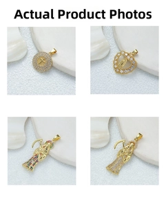 Detail of four 18K gold-plated pendants with micro-pave colorful zircon in religious motifs