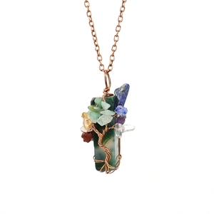 Detail of handmade Tree of Life pendant with wire-wrapped colorful crystals and green stone