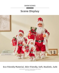 Three standing Santa Claus figurines in classic red suits with gift bags for Christmas