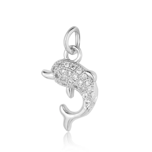 Detailed close-up of a silver dolphin pendant with clear zircon stone on a white background