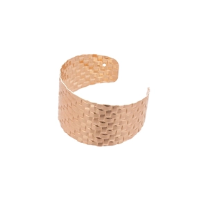 Irregular textured rose gold open cuff bracelet with a geometric woven pattern