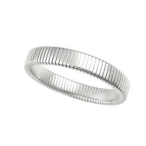 Detailed view of silver stainless steel tubogas stretch bracelet with ribbed texture