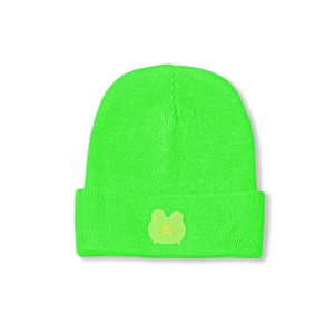 Close-up of neon green knit beanie featuring a cute frog with a yellow star embroidery