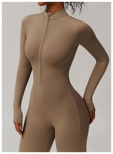 Detail of high-neck zipper closure and matte athletic fabric on long sleeve jumpsuit
