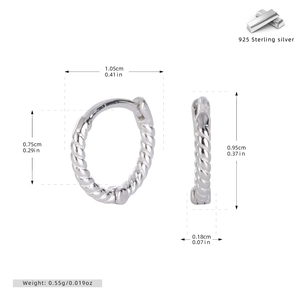 Detail view of S925 sterling silver twisted hoop earrings with precise size dimensions