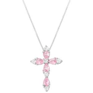 Close-up of cross pendant with pink and white cubic zirconia on a silver box chain