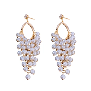 Elegant vintage gold zircon earrings with oval faux pearl tassels and silver pins