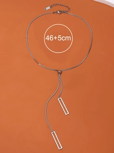 Detail of silver adjustable lariat necklace with geometric pendants, length 46+5cm