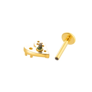 Detailed view of gold-finished heart-shaped stud with internal thread flat back post
