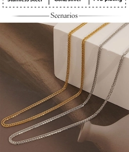 Detail of PVD plated stainless steel wheat chains in gold and silver finishes