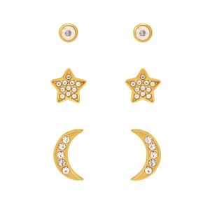 Three-piece gold stainless steel stud earrings set with star, moon and round shapes