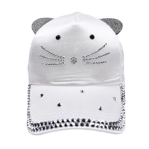 White satin cat ear baseball cap with sparkling rhinestones and cute cat face whiskers