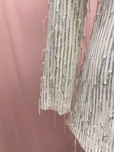Detalle de la manga de malla blanca con lentejuelas plateadas y flecos colgantes