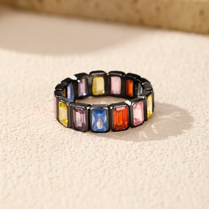 Luxurious S925 silver ring with colorful rectangular crystals and black metal plating