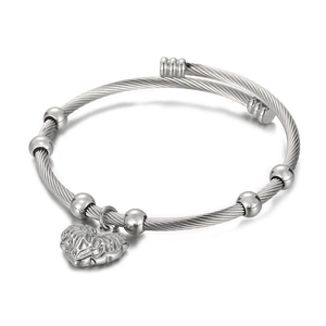 Minimalist silver stainless steel cable wire bracelet with heart pendant and metal beads