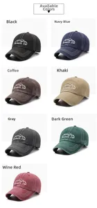 Detailed grid view showing various colors of embroidered washed cotton baseball caps