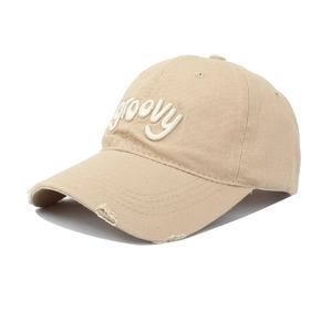 Khaki distressed baseball cap with groovy 3D embroidery and wide brim for women and men