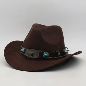 Brown western cowboy felt hat with turquoise beads and silver bull head metal buckle