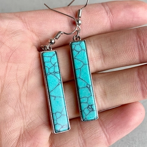 Western style long rectangular turquoise drop earrings with vintage silver hooks