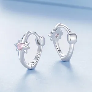 S925 sterling silver star hoop earrings with pink heart cubic zirconia stones