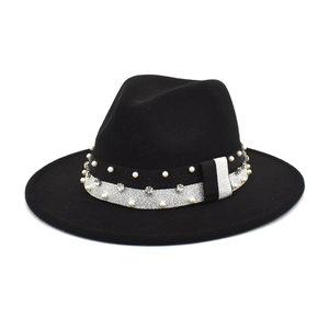 Unisex Βρετανικό Vintage Μάλλινο Καπέλο Fedora Με Κορδέλα Μαργαριτάρια και Στρας Πλατύ Γείσο Ρετρό Τζαζ Καπέλο για Προστασία από τον Ήλιο