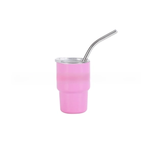 Pink 3oz stainless steel mini tumbler with clear lid and curved metal straw detail