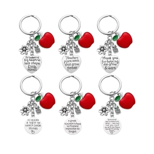 Set of 6 teacher appreciation keychains with red enamel apples and engraved metal charms