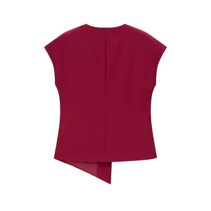 Back view of burgundy sleeveless top featuring an asymmetric hem and central seam detail