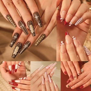 Christmas Press-on Nails Plastic Artificial False Fingernails Snowflake Gingerbread Design Coffin Shape Festive Holiday Manicure