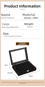 Detail view of 24-grid black velvet jewelry storage box with dimensions 20.5x15.5x5cm