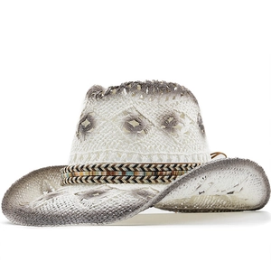Western Cowboy Hat Hollow Out Paper Straw Sun Hat With Ethnic Band Wide Brim For Women Summer Outdoor Beach