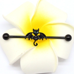 Black industrial barbell with a bat-winged cat design placed on a plumeria flower