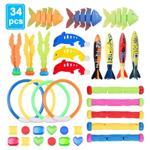 34-piece diving toy set including colorful pool rings, torpedoes and gems on white background