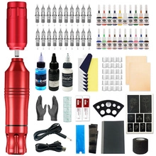 Detailed view of professional tattoo kit featuring red rotary pen, colorful inks and needles